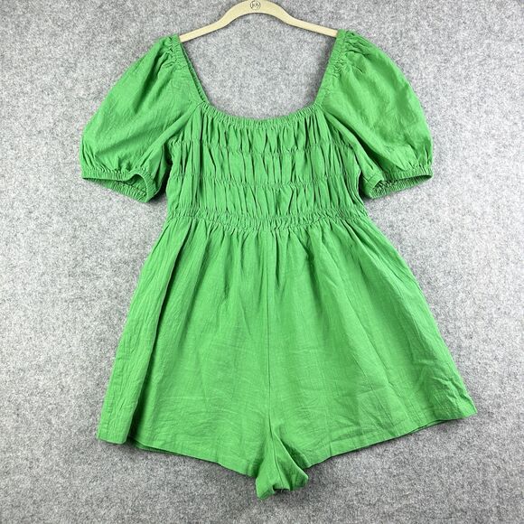 Hausen Mini Romper Womens Large Smocked Puff Sleeve Cottage Boho Pockets Stretch - Picture 7 of 16